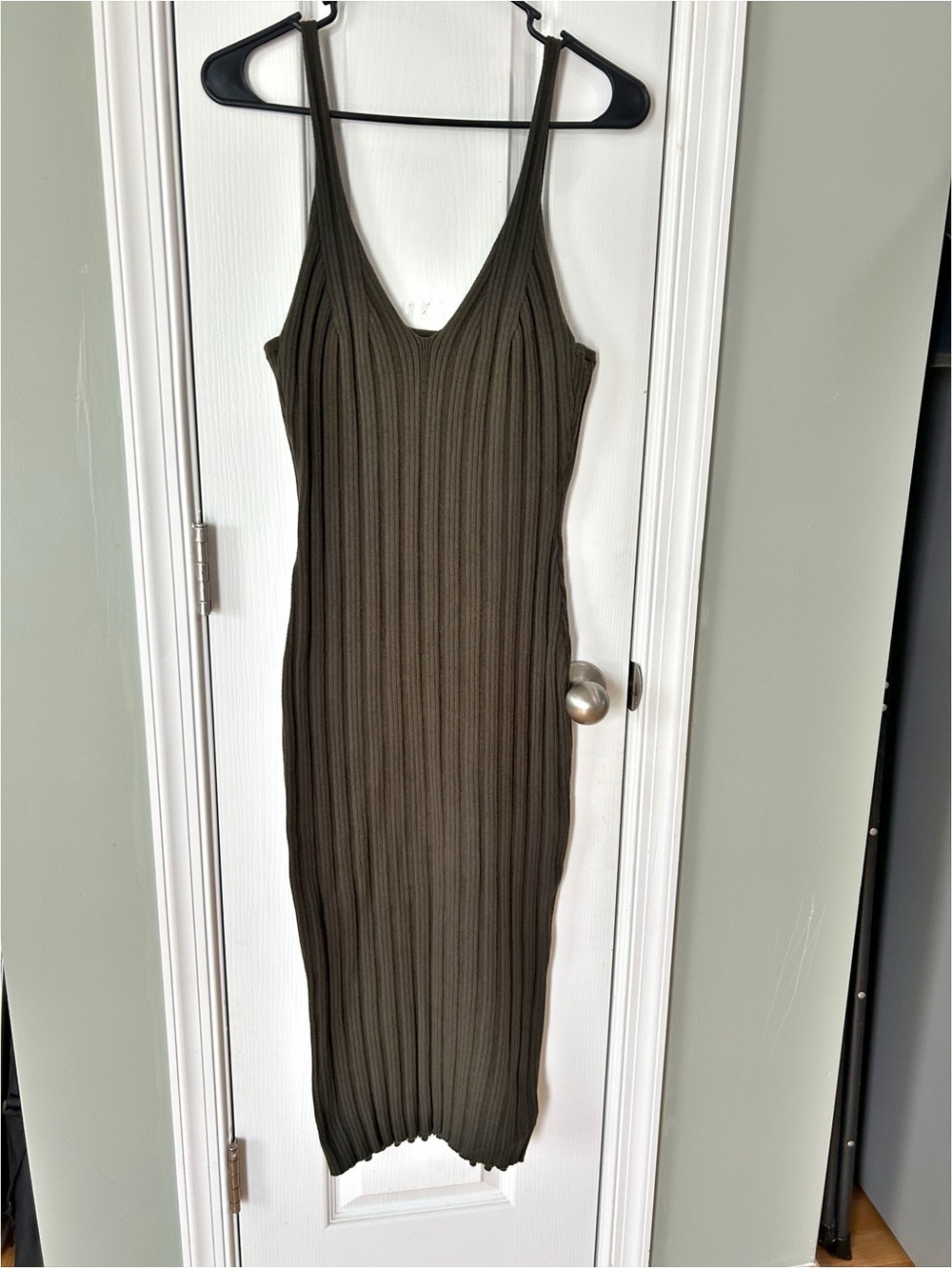 Cider Dark Olive Green Ribbed Knit Midi Dress 1XL Sleeveless Bodycon Stretch